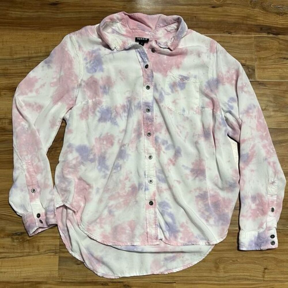 Torrid Shirt Top Button Front Blouse Long Sleeve Pocket Pink/Purple Tie Dye Sz 0